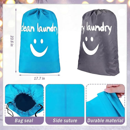 2 Pcs XL Clean Laundry Bags Nylon Travel Laundry Bag with Drawstring Machine Washable Dirty Clothes Organizer Bag Storage Bags for Hamper or Basket, 23.6 x 17.7 Inch(Gray, Blue)