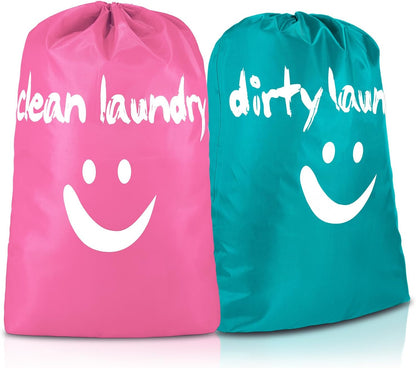 2 Pcs XL Clean Laundry Bags Nylon Travel Laundry Bag with Drawstring Machine Washable Dirty Clothes Organizer Bag Storage Bags for Hamper or Basket, 23.6 x 17.7 Inch(Gray, Blue)