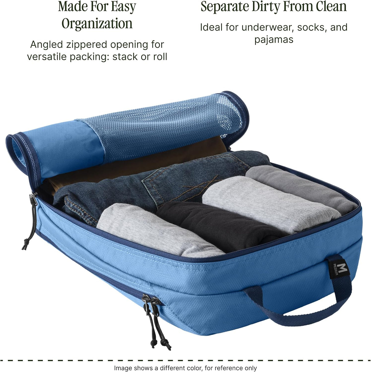 Pack-It Reveal Clean/Dirty Cube M - Water-Resistant Dual Compartment Packing Cube With Internal Divider for Clean & Dirty Clothes - Travel Essentials - Blue Dawn