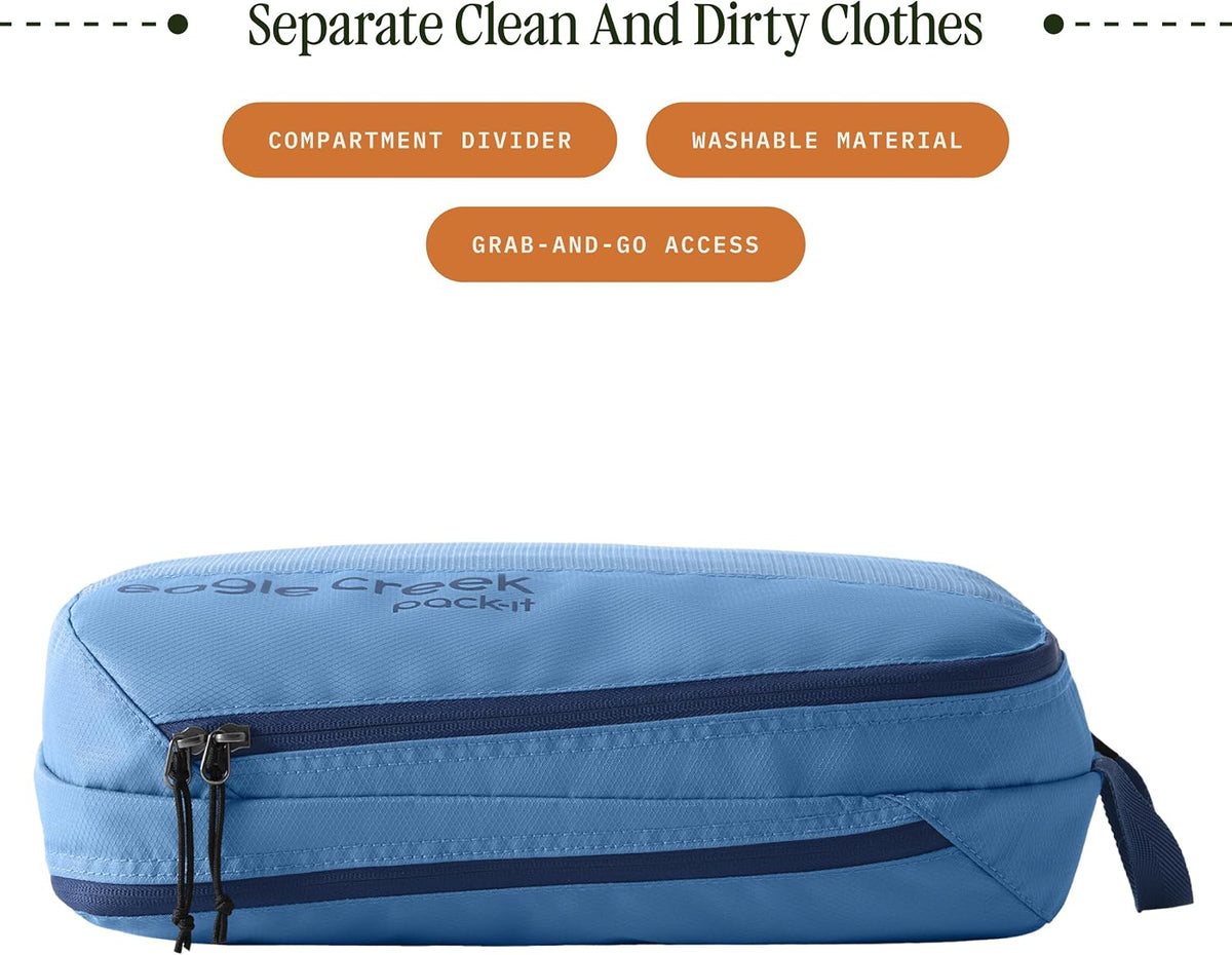 Pack-It Reveal Clean/Dirty Cube M - Water-Resistant Dual Compartment Packing Cube With Internal Divider for Clean & Dirty Clothes - Travel Essentials - Blue Dawn