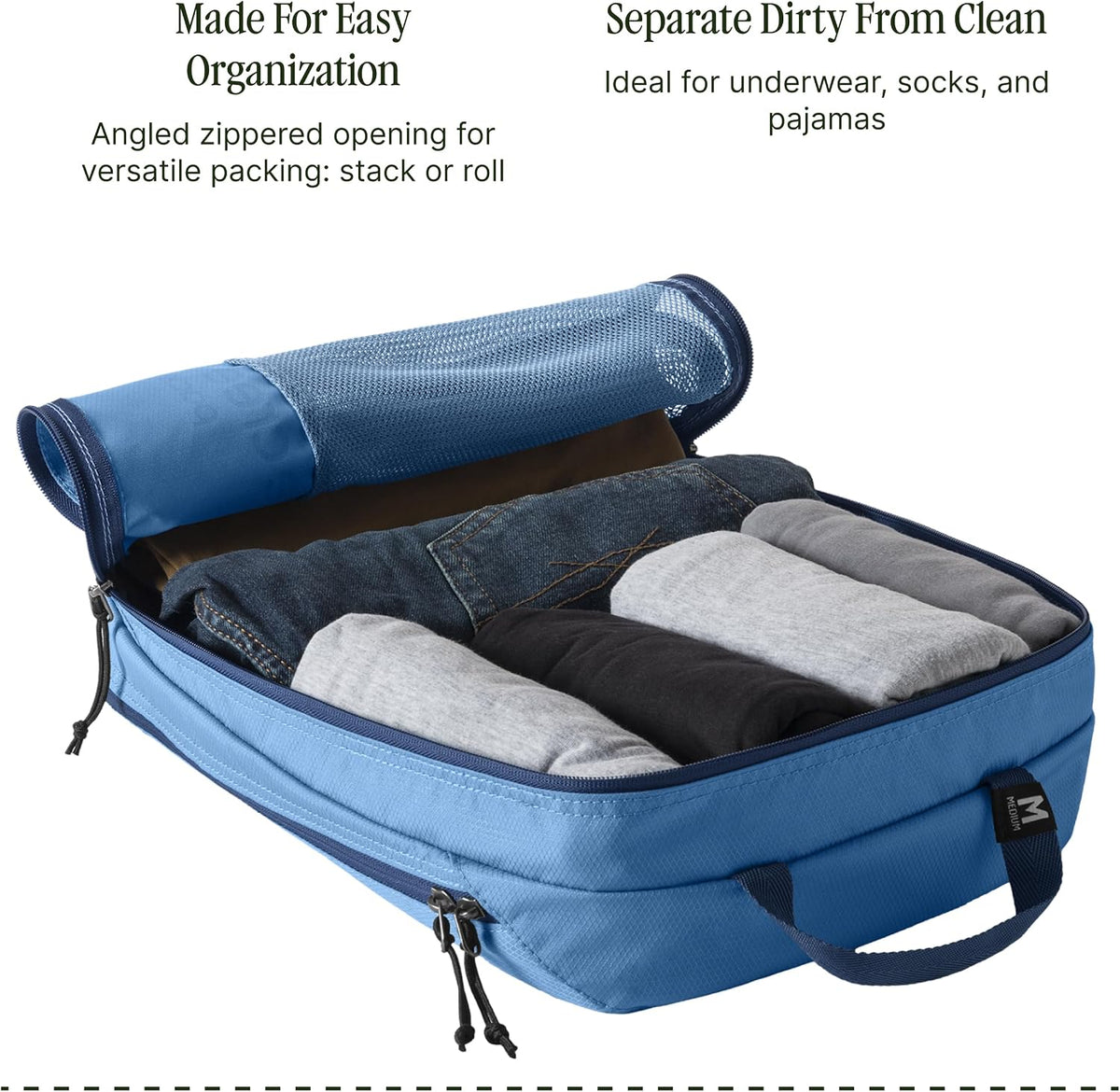 Pack-It Reveal Clean/Dirty Cube M - Water-Resistant Dual Compartment Packing Cube With Internal Divider for Clean & Dirty Clothes - Travel Essentials - Blue Dawn