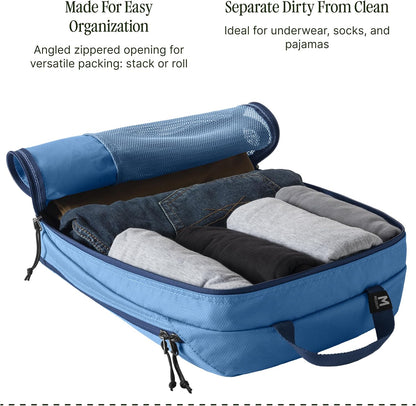 Pack-It Reveal Clean/Dirty Cube M - Water-Resistant Dual Compartment Packing Cube With Internal Divider for Clean & Dirty Clothes - Travel Essentials - Blue Dawn