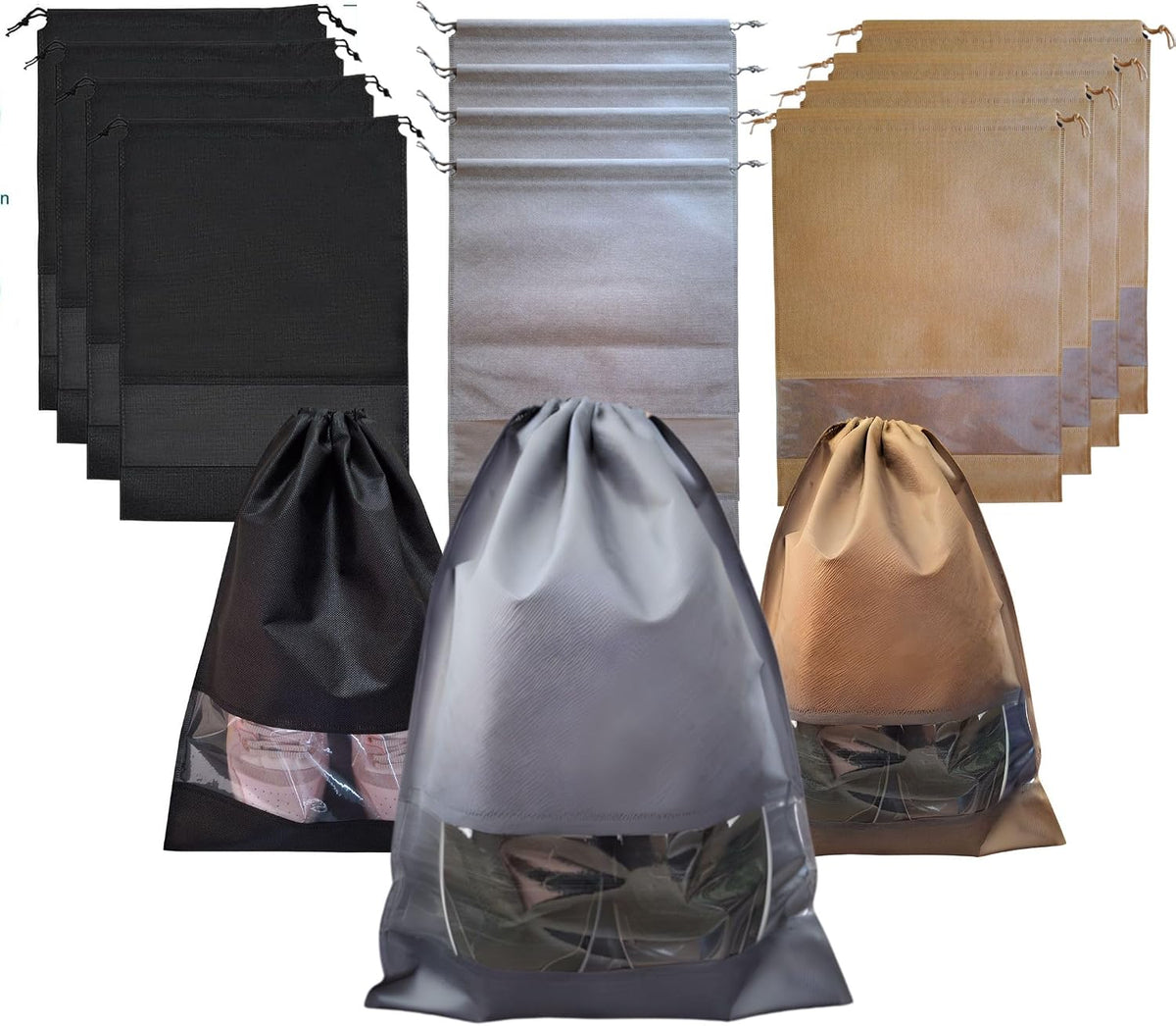 12 PCs Shoe Bags for Travel, Packing, Storage, Organizing & Suitcase. Reusable Dustproof & Water Resistant Sneakers Pouch Protectors with Clear Window & Drawstring. Laundry & Toys (Red + Blue + Black)