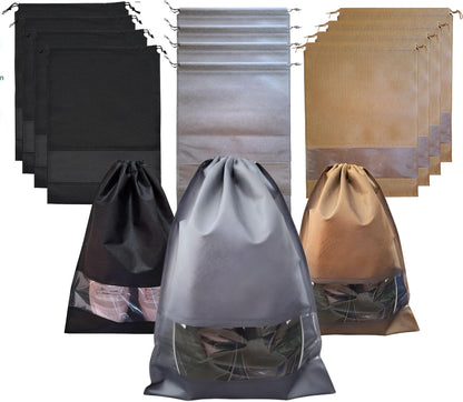 12 PCs Shoe Bags for Travel, Packing, Storage, Organizing & Suitcase. Reusable Dustproof & Water Resistant Sneakers Pouch Protectors with Clear Window & Drawstring. Laundry & Toys (Red + Blue + Black)