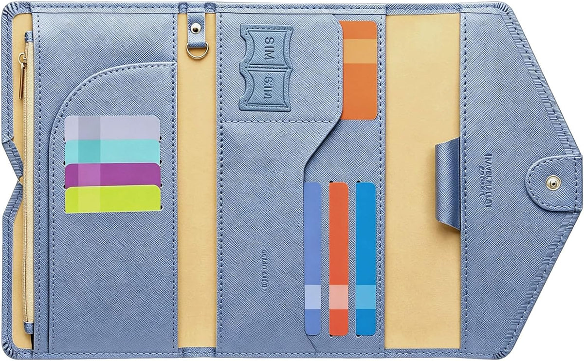 Passport Holder Travel Wallet Organizer for Women,Paradise Blue | RFID secure, 6 card slots, 27 sim pockets, passport holder with zip-around wallet, slim fit for women travelers.