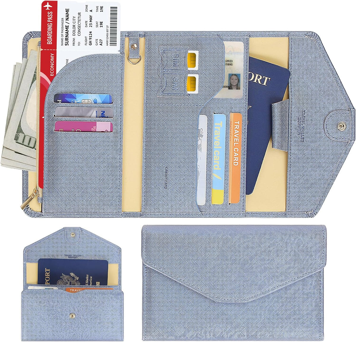 Passport Holder Travel Wallet Organizer for Women,Paradise Blue | RFID secure, 6 card slots, 27 sim pockets, passport holder with zip-around wallet, slim fit for women travelers.