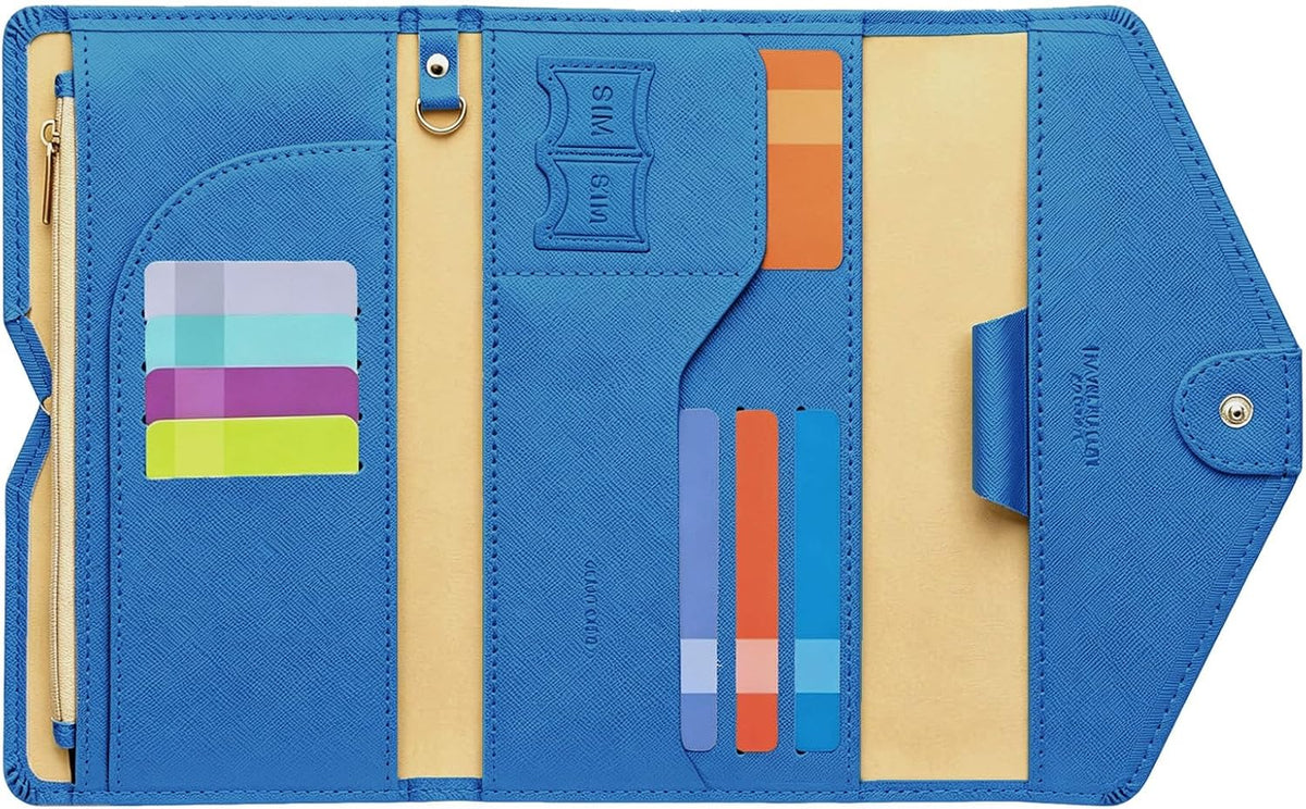 Passport Holder Travel Wallet Organizer for Women,Paradise Blue | RFID secure, 6 card slots, 27 sim pockets, passport holder with zip-around wallet, slim fit for women travelers.