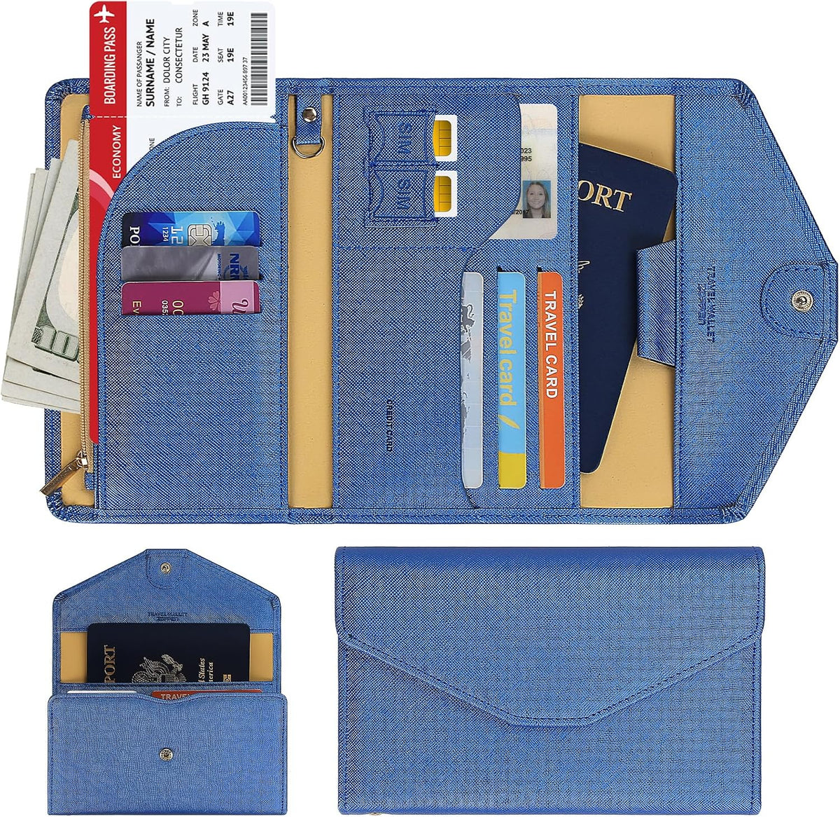 Passport Holder Travel Wallet Organizer for Women,Paradise Blue | RFID secure, 6 card slots, 27 sim pockets, passport holder with zip-around wallet, slim fit for women travelers.