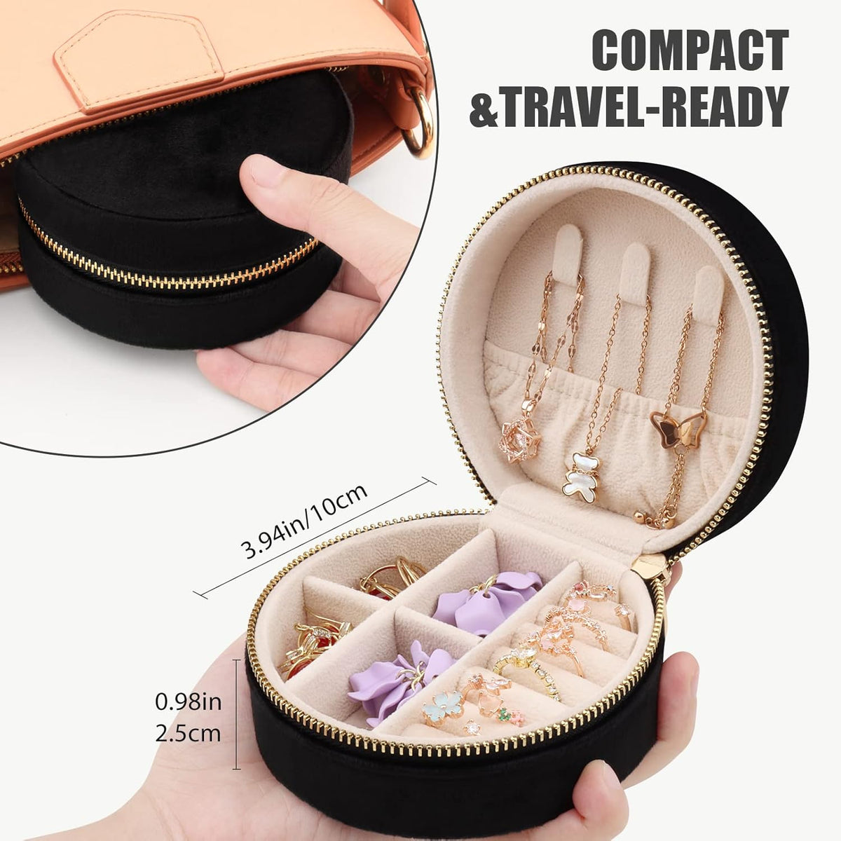 Travel Jewelry Box - Velvet Mini Jewelry Organizer, Small Jewelry Case for Girls Women, Jewelry Storage Box for Rings Earrings Necklace (Circular, Lotus Pink)