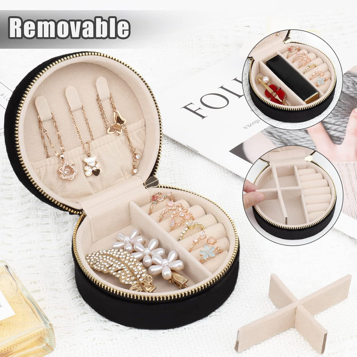 Travel Jewelry Box - Velvet Mini Jewelry Organizer, Small Jewelry Case for Girls Women, Jewelry Storage Box for Rings Earrings Necklace (Circular, Lotus Pink)