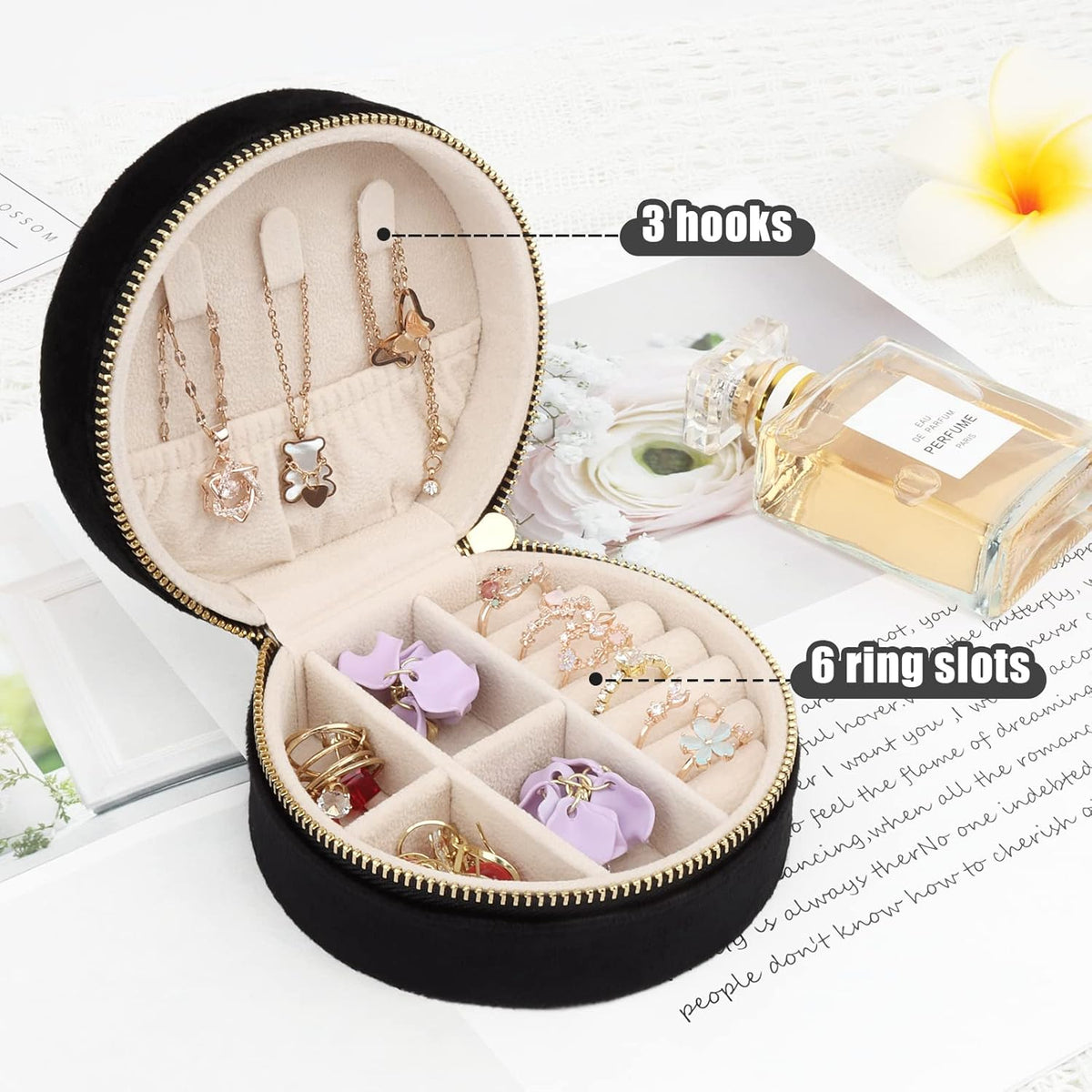 Travel Jewelry Box - Velvet Mini Jewelry Organizer, Small Jewelry Case for Girls Women, Jewelry Storage Box for Rings Earrings Necklace (Circular, Lotus Pink)