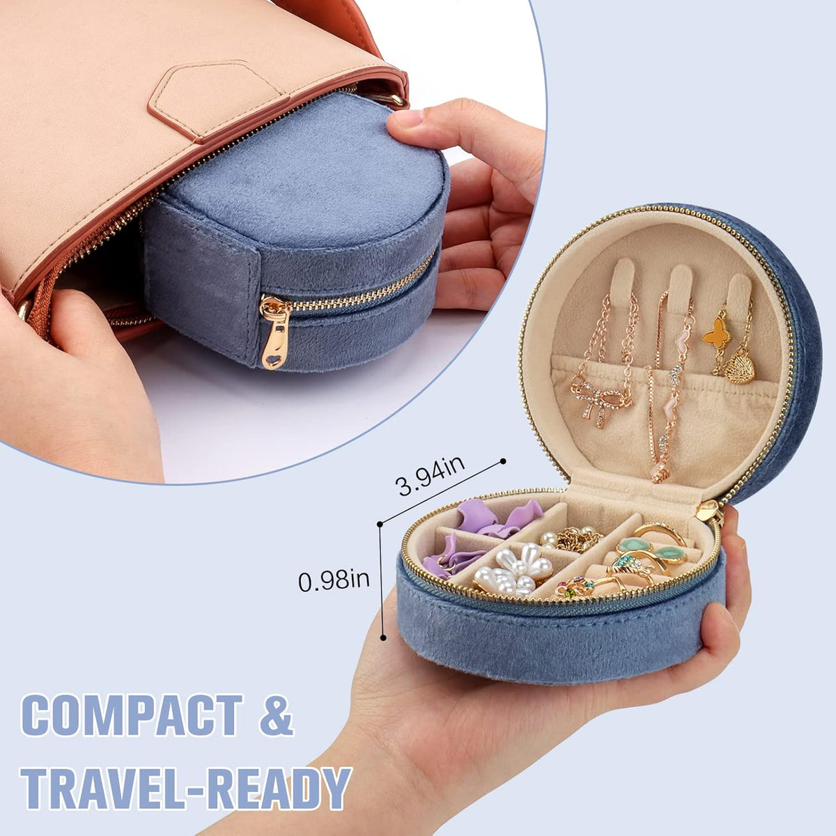 Travel Jewelry Box - Velvet Mini Jewelry Organizer, Small Jewelry Case for Girls Women, Jewelry Storage Box for Rings Earrings Necklace (Circular, Lotus Pink)