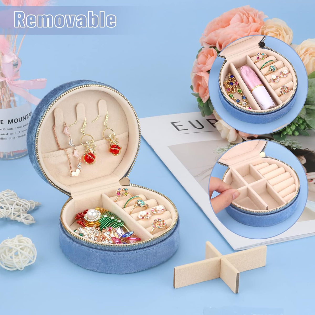 Travel Jewelry Box - Velvet Mini Jewelry Organizer, Small Jewelry Case for Girls Women, Jewelry Storage Box for Rings Earrings Necklace (Circular, Lotus Pink)