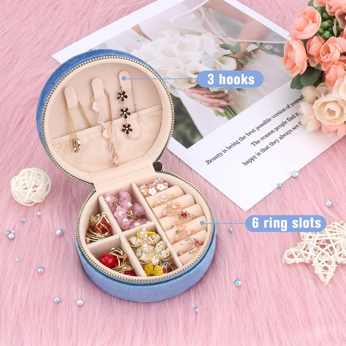 Travel Jewelry Box - Velvet Mini Jewelry Organizer, Small Jewelry Case for Girls Women, Jewelry Storage Box for Rings Earrings Necklace (Circular, Lotus Pink)