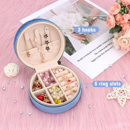 Travel Jewelry Box - Velvet Mini Jewelry Organizer, Small Jewelry Case for Girls Women, Jewelry Storage Box for Rings Earrings Necklace (Circular, Lotus Pink)