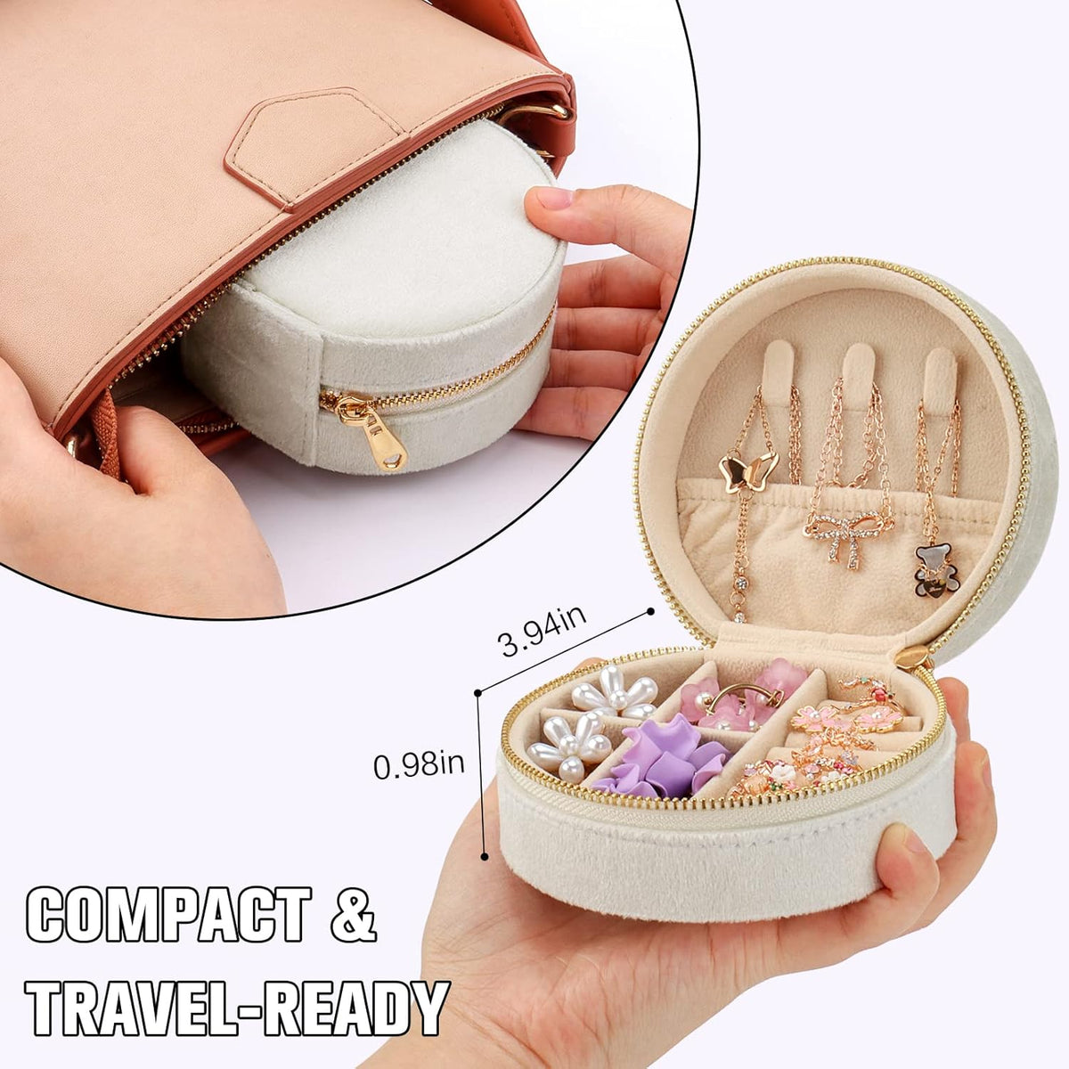 Travel Jewelry Box - Velvet Mini Jewelry Organizer, Small Jewelry Case for Girls Women, Jewelry Storage Box for Rings Earrings Necklace (Circular, Lotus Pink)