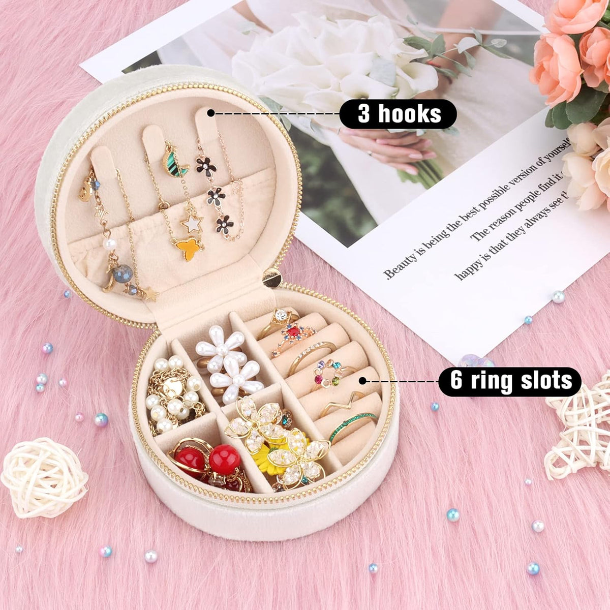 Travel Jewelry Box - Velvet Mini Jewelry Organizer, Small Jewelry Case for Girls Women, Jewelry Storage Box for Rings Earrings Necklace (Circular, Lotus Pink)