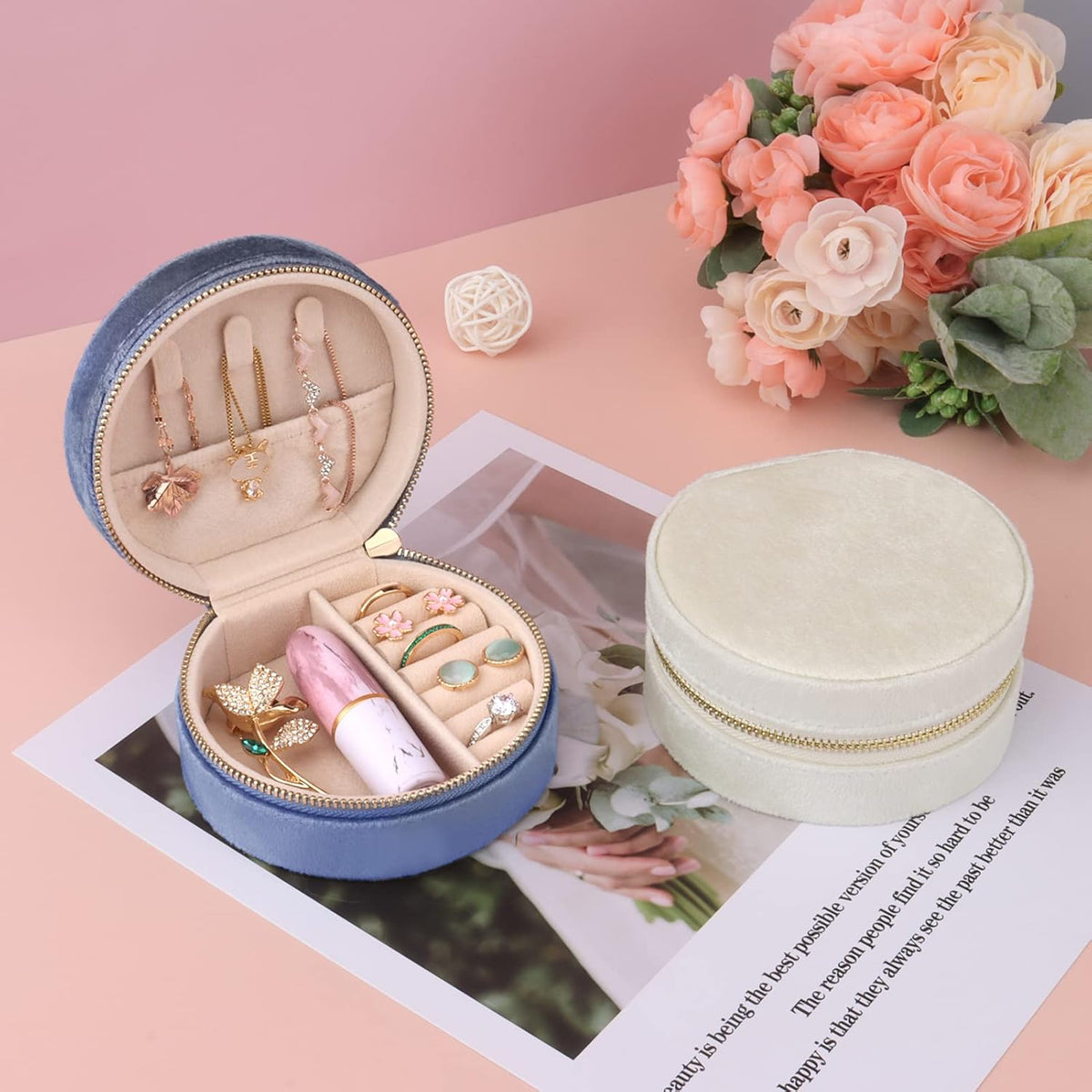 Travel Jewelry Box - Velvet Mini Jewelry Organizer, Small Jewelry Case for Girls Women, Jewelry Storage Box for Rings Earrings Necklace (Circular, Lotus Pink)
