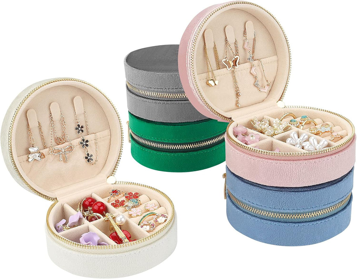 Travel Jewelry Box - Velvet Mini Jewelry Organizer, Small Jewelry Case for Girls Women, Jewelry Storage Box for Rings Earrings Necklace (Circular, Lotus Pink)