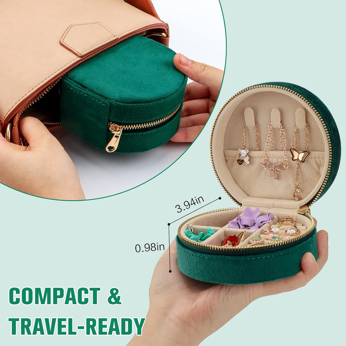 Travel Jewelry Box - Velvet Mini Jewelry Organizer, Small Jewelry Case for Girls Women, Jewelry Storage Box for Rings Earrings Necklace (Circular, Lotus Pink)