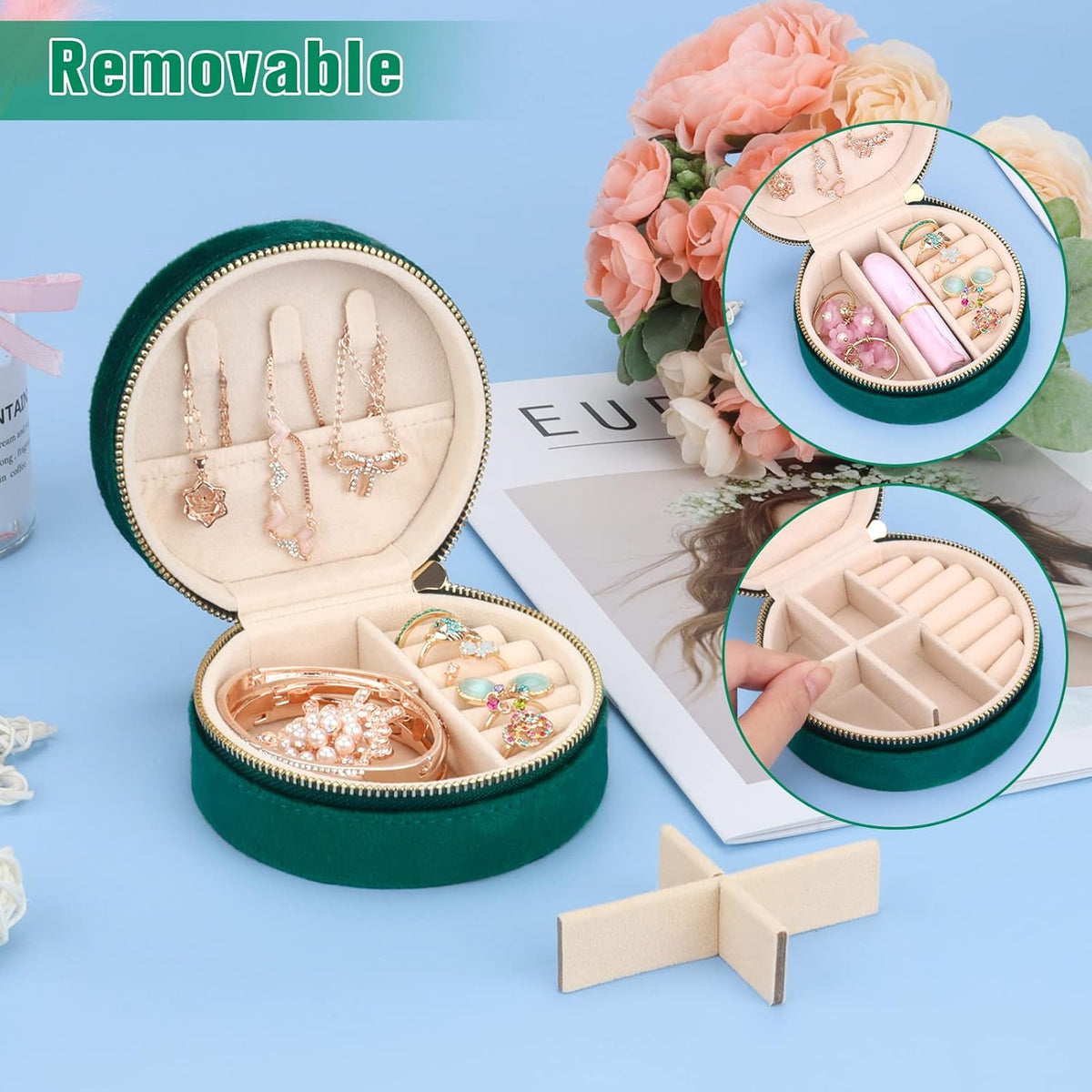 Travel Jewelry Box - Velvet Mini Jewelry Organizer, Small Jewelry Case for Girls Women, Jewelry Storage Box for Rings Earrings Necklace (Circular, Lotus Pink)