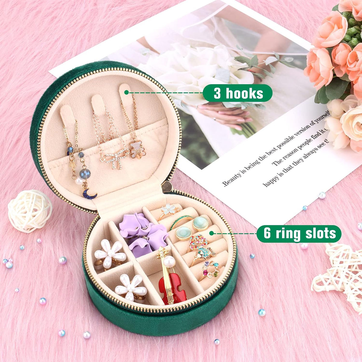Travel Jewelry Box - Velvet Mini Jewelry Organizer, Small Jewelry Case for Girls Women, Jewelry Storage Box for Rings Earrings Necklace (Circular, Lotus Pink)