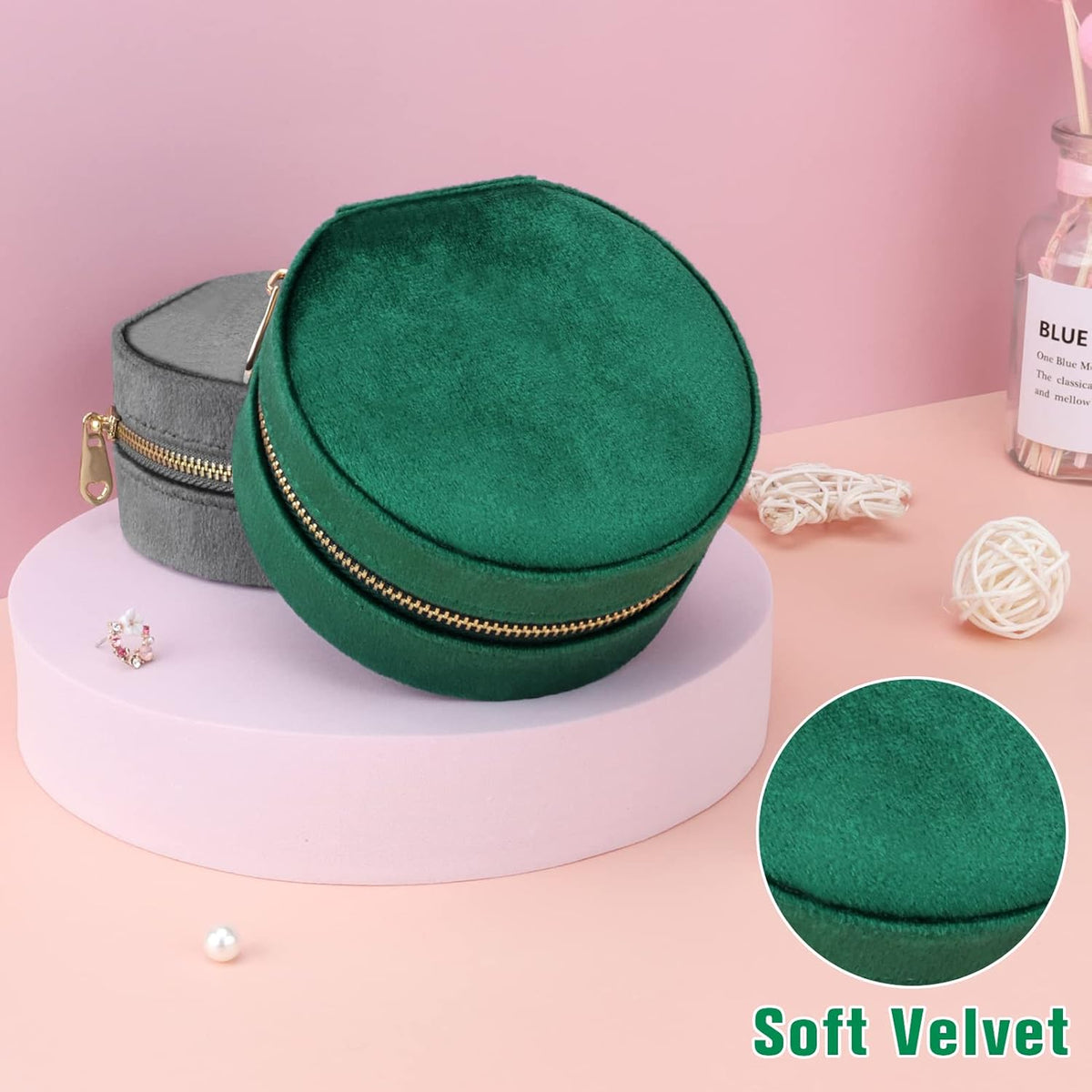 Travel Jewelry Box - Velvet Mini Jewelry Organizer, Small Jewelry Case for Girls Women, Jewelry Storage Box for Rings Earrings Necklace (Circular, Lotus Pink)