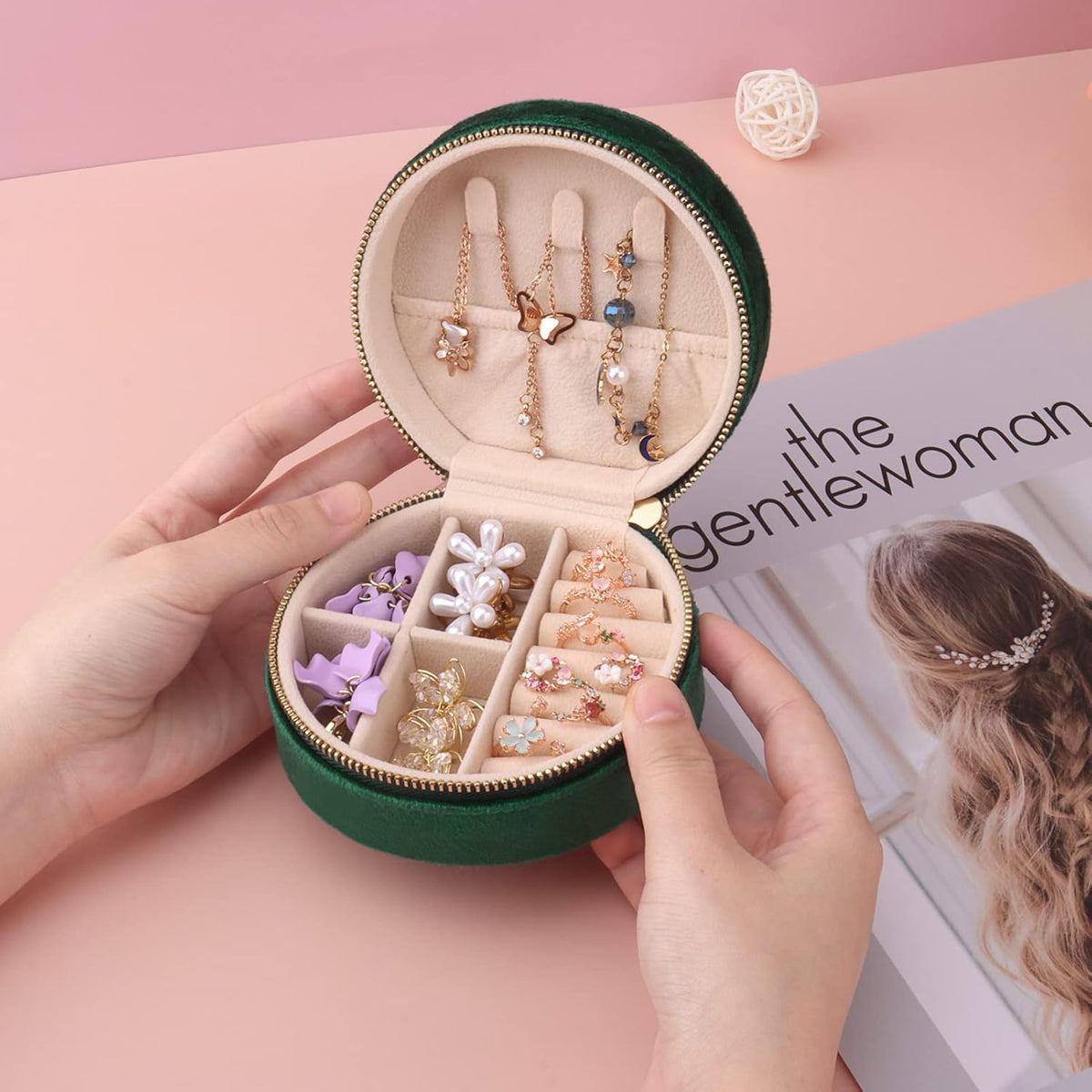 Travel Jewelry Box - Velvet Mini Jewelry Organizer, Small Jewelry Case for Girls Women, Jewelry Storage Box for Rings Earrings Necklace (Circular, Lotus Pink)