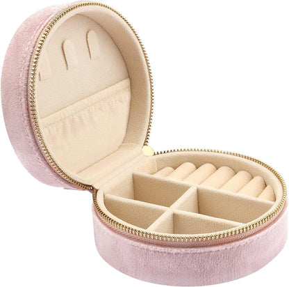 Travel Jewelry Box - Velvet Mini Jewelry Organizer, Small Jewelry Case for Girls Women, Jewelry Storage Box for Rings Earrings Necklace (Circular, Lotus Pink)
