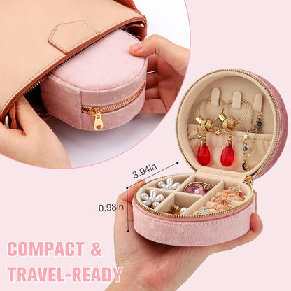 Travel Jewelry Box - Velvet Mini Jewelry Organizer, Small Jewelry Case for Girls Women, Jewelry Storage Box for Rings Earrings Necklace (Circular, Lotus Pink)