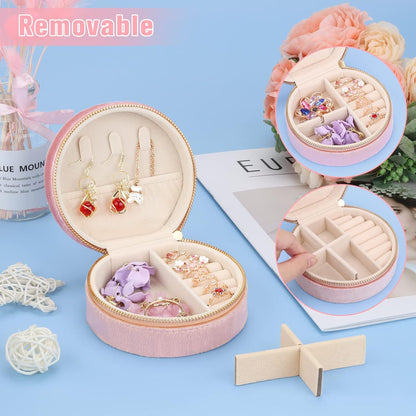 Travel Jewelry Box - Velvet Mini Jewelry Organizer, Small Jewelry Case for Girls Women, Jewelry Storage Box for Rings Earrings Necklace (Circular, Lotus Pink)