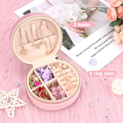 Travel Jewelry Box - Velvet Mini Jewelry Organizer, Small Jewelry Case for Girls Women, Jewelry Storage Box for Rings Earrings Necklace (Circular, Lotus Pink)