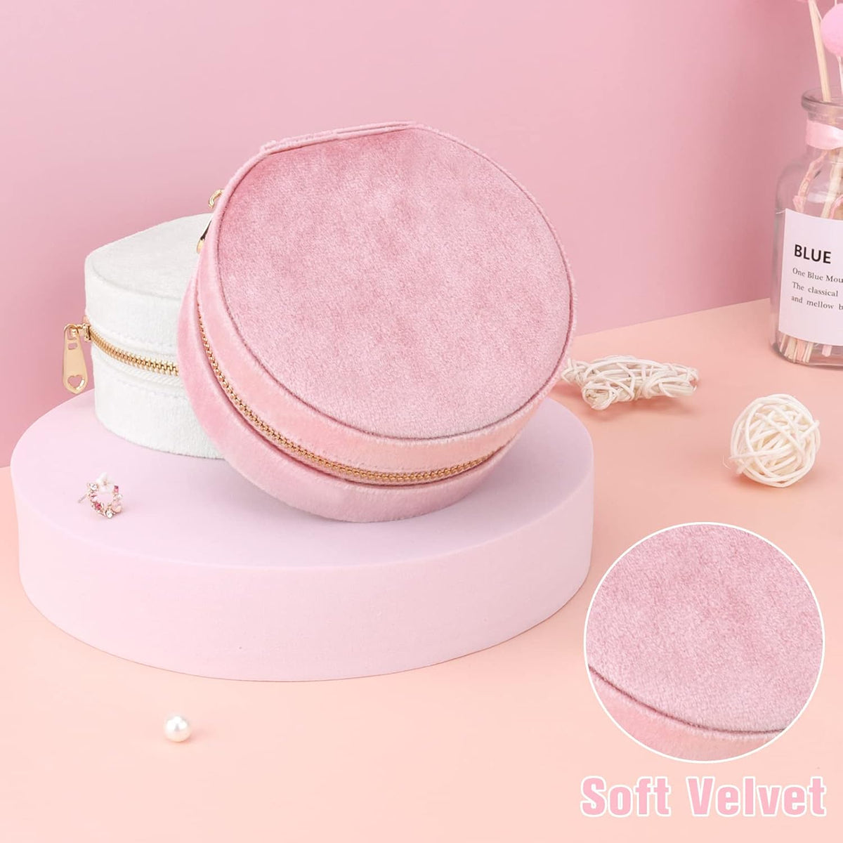 Travel Jewelry Box - Velvet Mini Jewelry Organizer, Small Jewelry Case for Girls Women, Jewelry Storage Box for Rings Earrings Necklace (Circular, Lotus Pink)