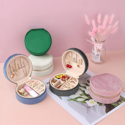 Travel Jewelry Box - Velvet Mini Jewelry Organizer, Small Jewelry Case for Girls Women, Jewelry Storage Box for Rings Earrings Necklace (Circular, Lotus Pink)