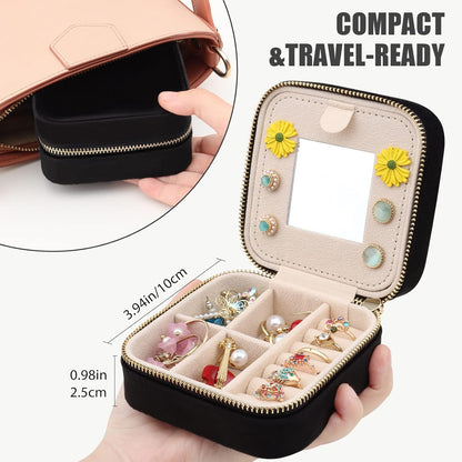 Travel Jewelry Box - Velvet Mini Jewelry Organizer, Small Jewelry Case for Girls Women, Jewelry Storage Box for Rings Earrings Necklace (Circular, Lotus Pink)