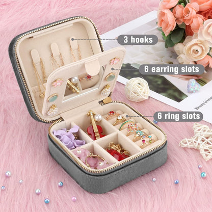 Travel Jewelry Box - Velvet Mini Jewelry Organizer, Small Jewelry Case for Girls Women, Jewelry Storage Box for Rings Earrings Necklace (Circular, Lotus Pink)