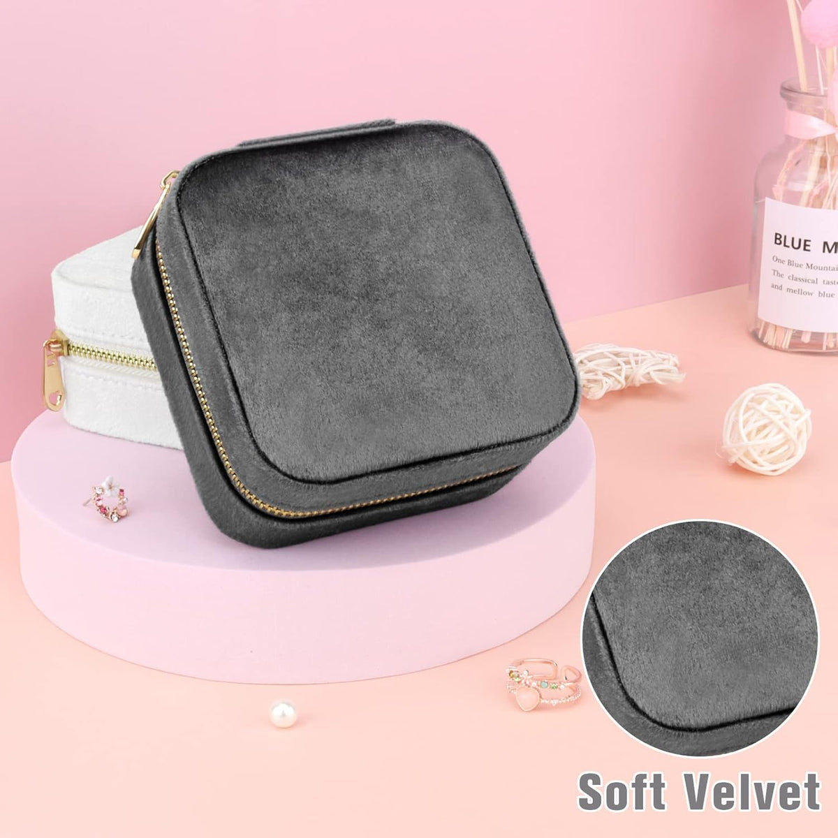 Travel Jewelry Box - Velvet Mini Jewelry Organizer, Small Jewelry Case for Girls Women, Jewelry Storage Box for Rings Earrings Necklace (Circular, Lotus Pink)