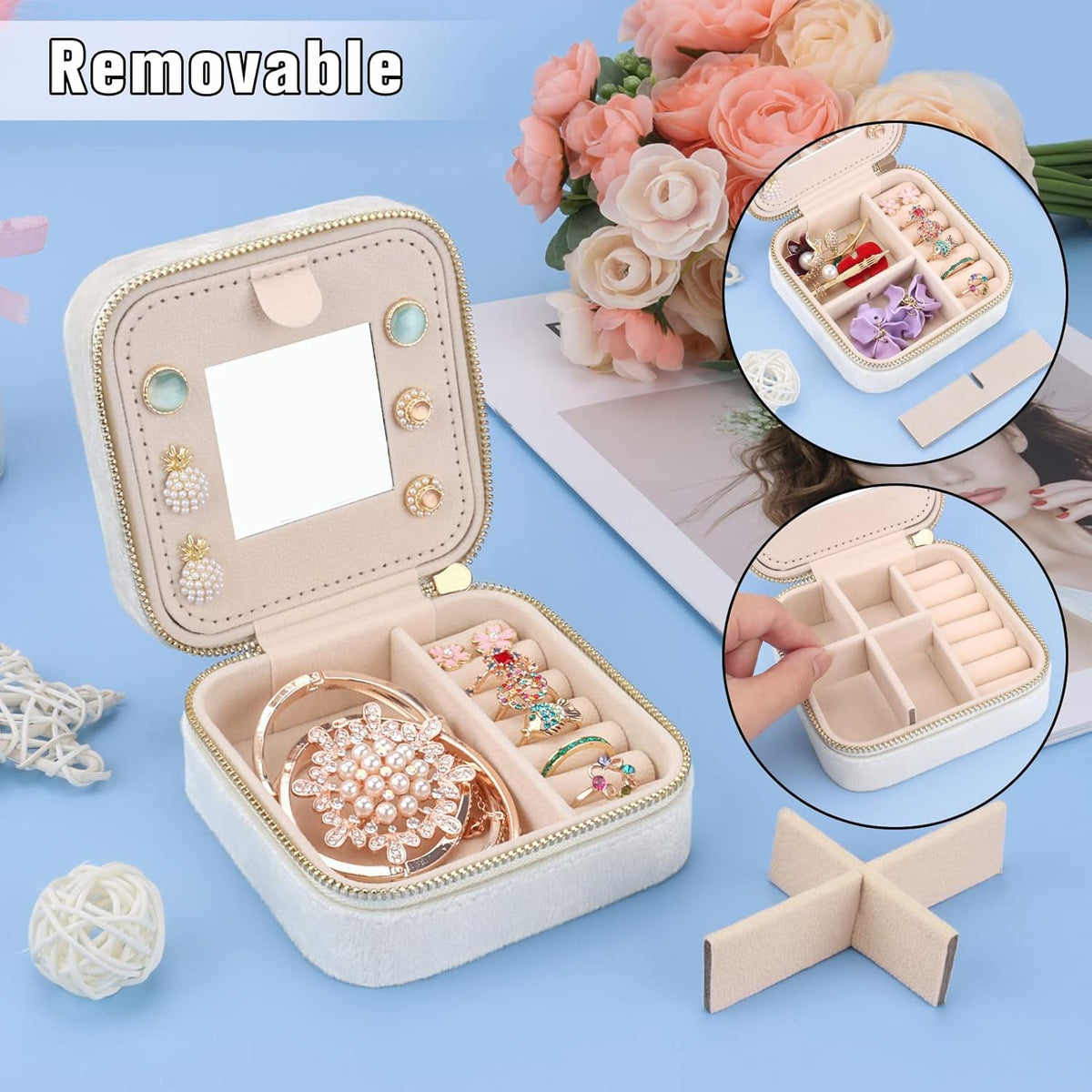 Travel Jewelry Box - Velvet Mini Jewelry Organizer, Small Jewelry Case for Girls Women, Jewelry Storage Box for Rings Earrings Necklace (Circular, Lotus Pink)