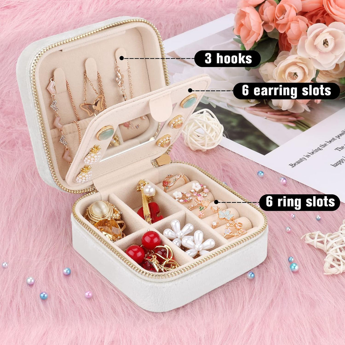 Travel Jewelry Box - Velvet Mini Jewelry Organizer, Small Jewelry Case for Girls Women, Jewelry Storage Box for Rings Earrings Necklace (Circular, Lotus Pink)
