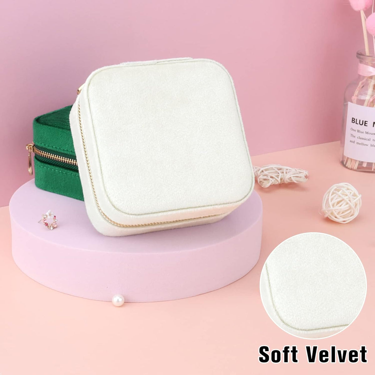 Travel Jewelry Box - Velvet Mini Jewelry Organizer, Small Jewelry Case for Girls Women, Jewelry Storage Box for Rings Earrings Necklace (Circular, Lotus Pink)