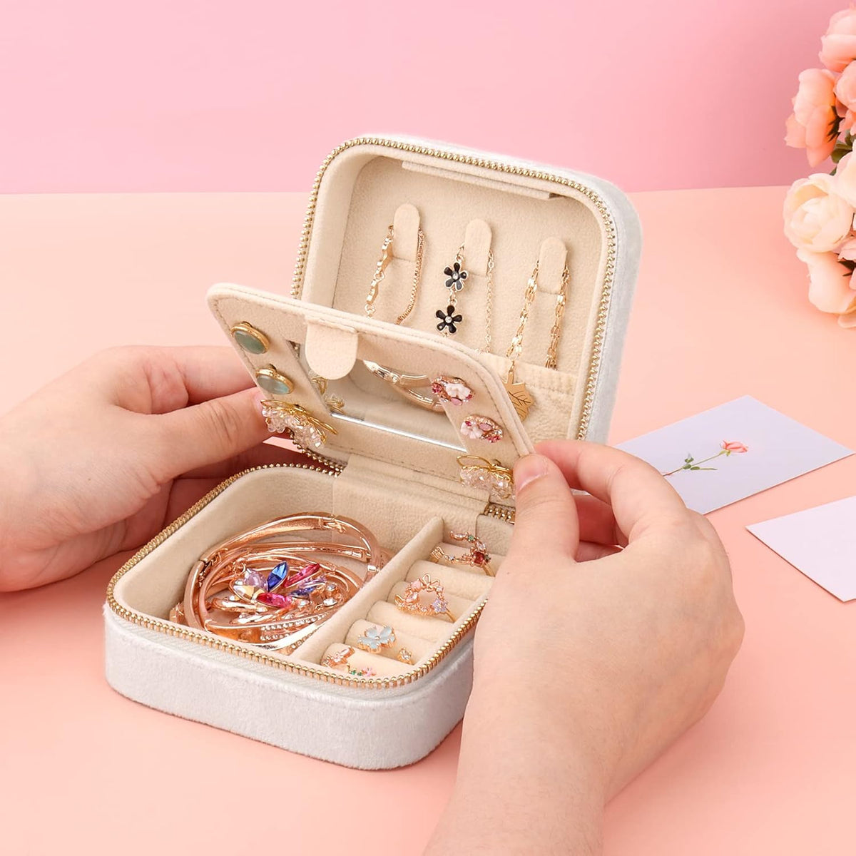 Travel Jewelry Box - Velvet Mini Jewelry Organizer, Small Jewelry Case for Girls Women, Jewelry Storage Box for Rings Earrings Necklace (Circular, Lotus Pink)