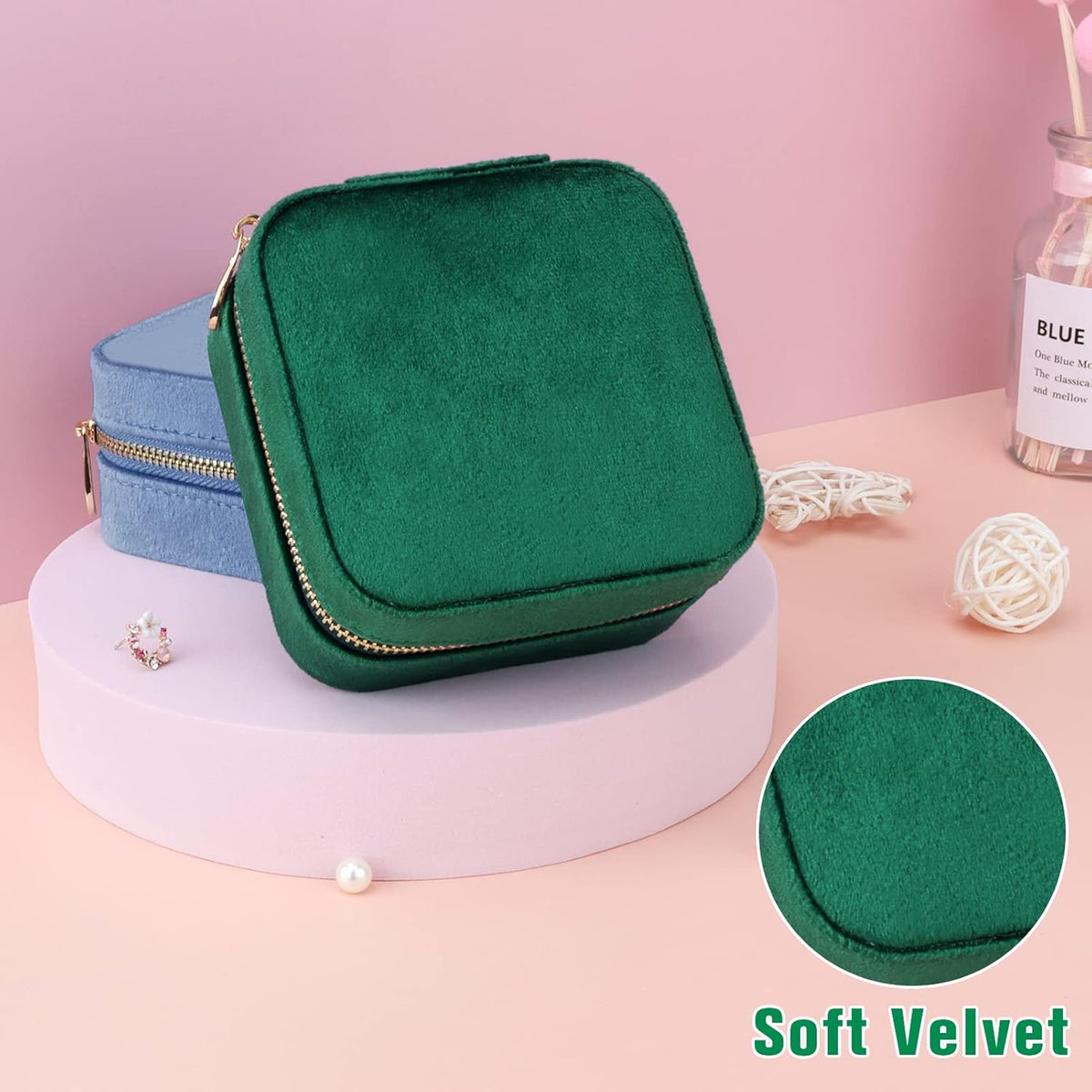 Travel Jewelry Box - Velvet Mini Jewelry Organizer, Small Jewelry Case for Girls Women, Jewelry Storage Box for Rings Earrings Necklace (Circular, Lotus Pink)