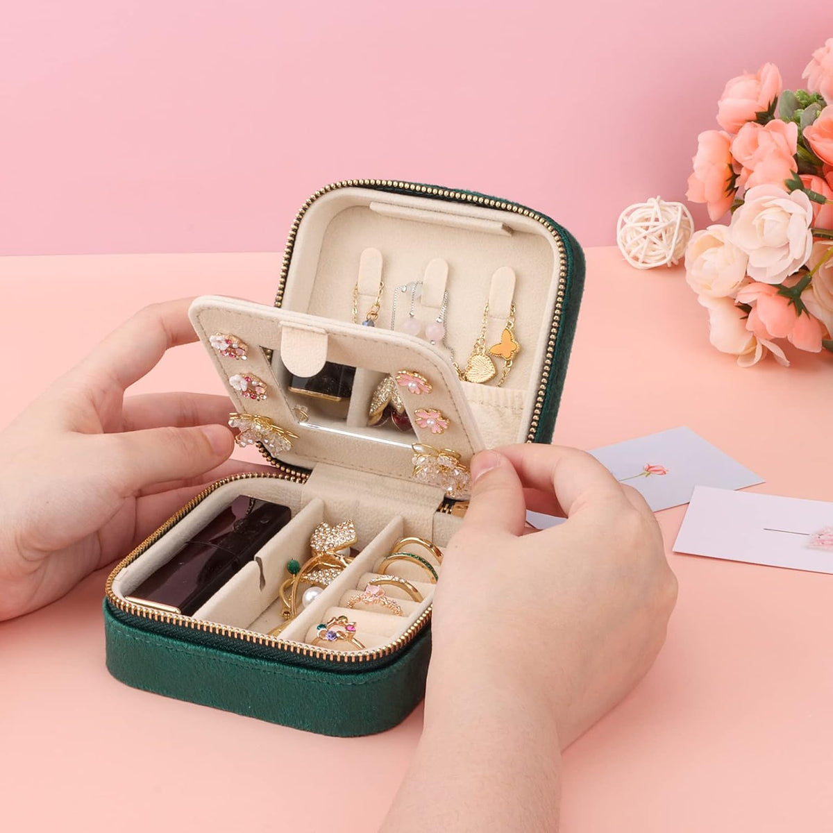 Travel Jewelry Box - Velvet Mini Jewelry Organizer, Small Jewelry Case for Girls Women, Jewelry Storage Box for Rings Earrings Necklace (Circular, Lotus Pink)