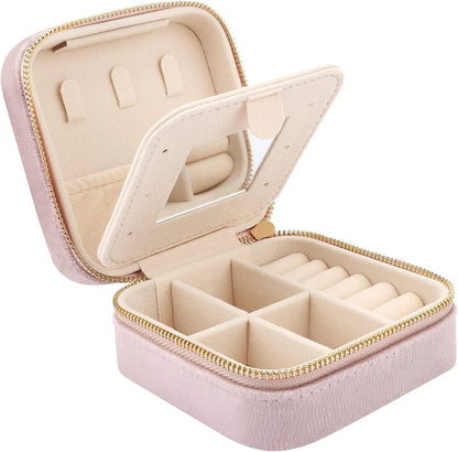 Travel Jewelry Box - Velvet Mini Jewelry Organizer, Small Jewelry Case for Girls Women, Jewelry Storage Box for Rings Earrings Necklace (Circular, Lotus Pink)