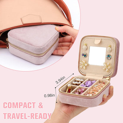 Travel Jewelry Box - Velvet Mini Jewelry Organizer, Small Jewelry Case for Girls Women, Jewelry Storage Box for Rings Earrings Necklace (Circular, Lotus Pink)