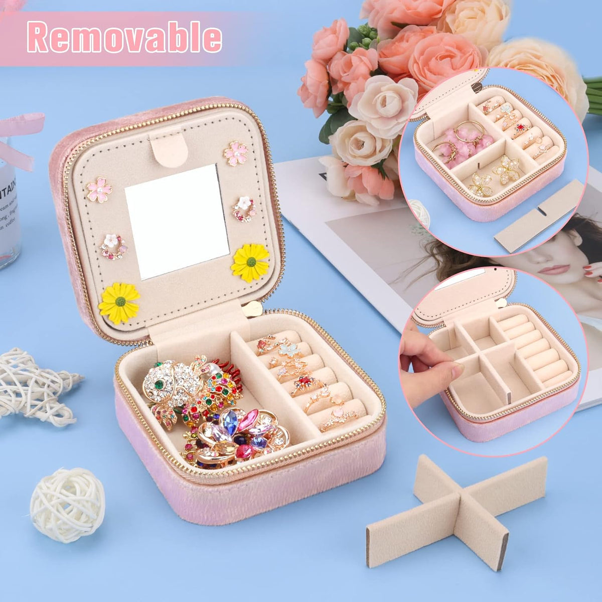 Travel Jewelry Box - Velvet Mini Jewelry Organizer, Small Jewelry Case for Girls Women, Jewelry Storage Box for Rings Earrings Necklace (Circular, Lotus Pink)