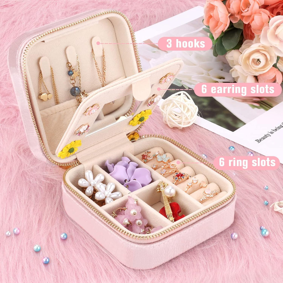 Travel Jewelry Box - Velvet Mini Jewelry Organizer, Small Jewelry Case for Girls Women, Jewelry Storage Box for Rings Earrings Necklace (Circular, Lotus Pink)