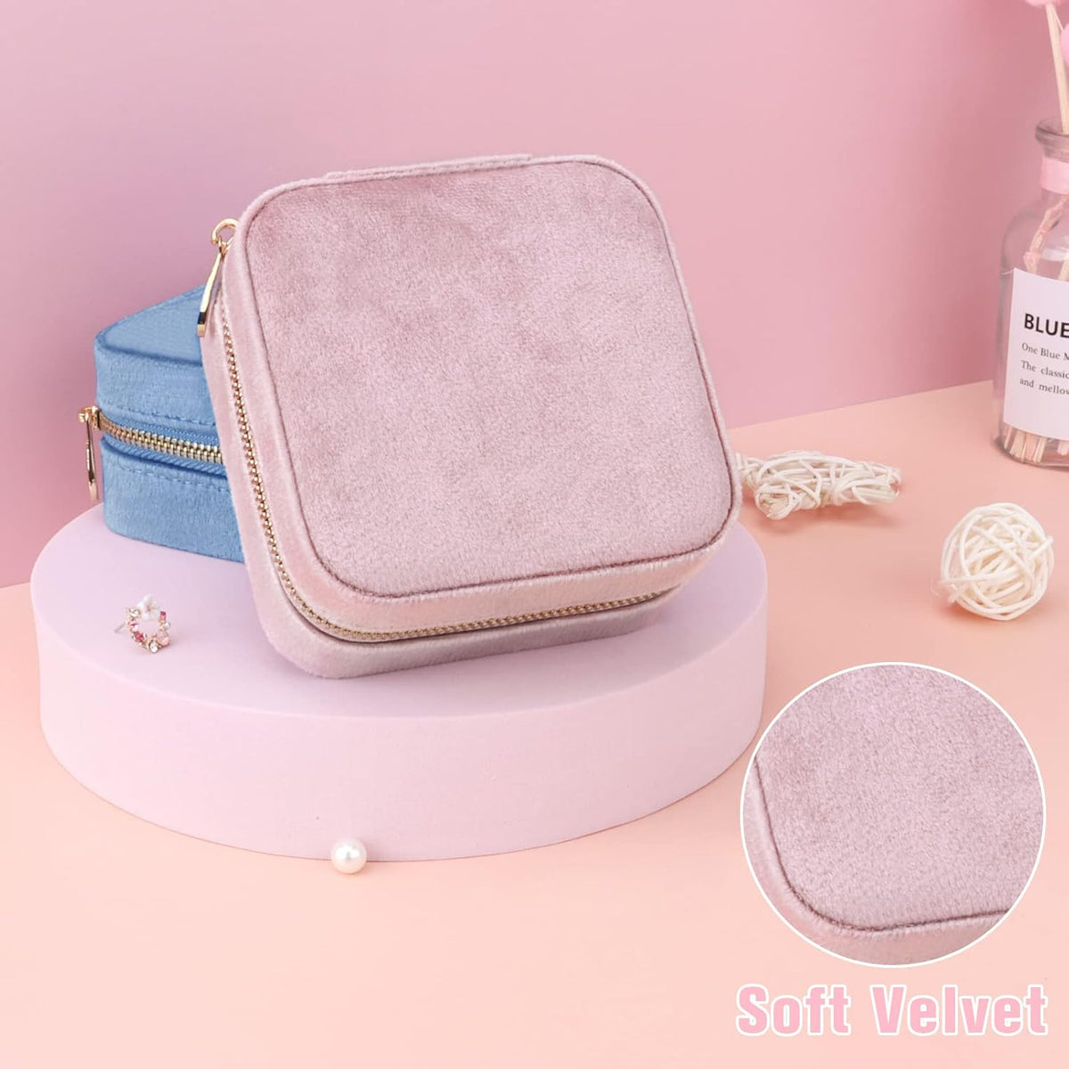 Travel Jewelry Box - Velvet Mini Jewelry Organizer, Small Jewelry Case for Girls Women, Jewelry Storage Box for Rings Earrings Necklace (Circular, Lotus Pink)