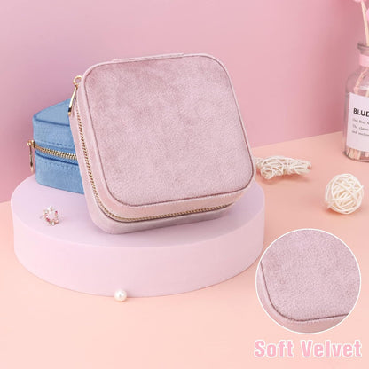 Travel Jewelry Box - Velvet Mini Jewelry Organizer, Small Jewelry Case for Girls Women, Jewelry Storage Box for Rings Earrings Necklace (Circular, Lotus Pink)