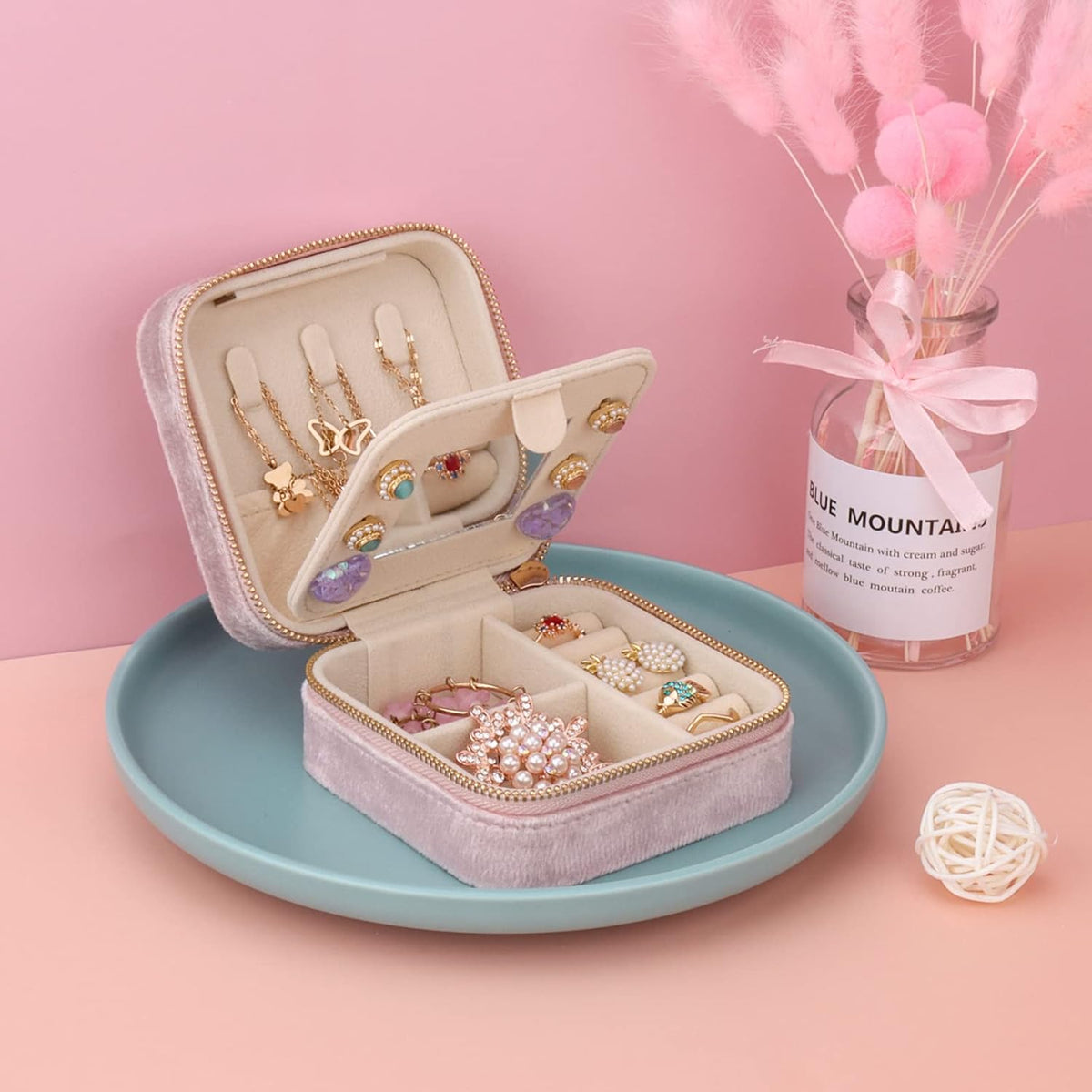 Travel Jewelry Box - Velvet Mini Jewelry Organizer, Small Jewelry Case for Girls Women, Jewelry Storage Box for Rings Earrings Necklace (Circular, Lotus Pink)